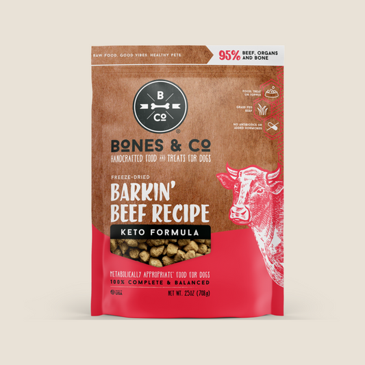 Bones & Co. Barkin' Beef Recipe freeze-dried dog food package on a beige background
