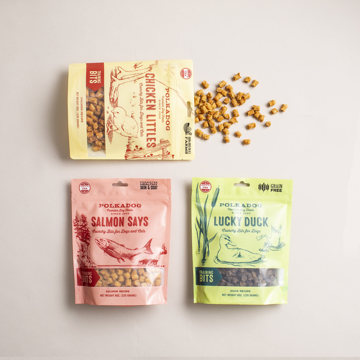 Polkadog Training Bits 3-Pack three flavors of dehydrated dog treats pouches