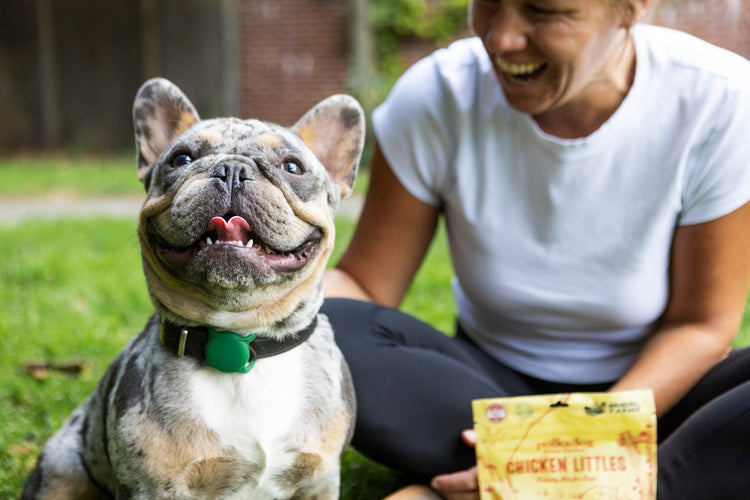 Woman laughing in a park with her dog and a bag of Polkadog Chicken Littles