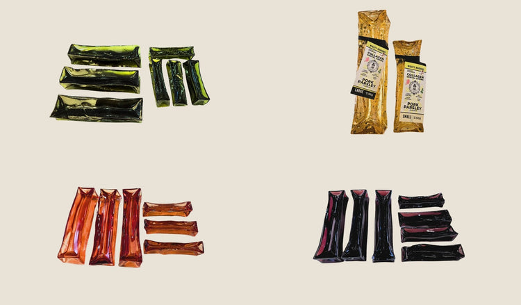 Wag & Bright Mighty Marrow collagen dental chews in Spirulina Beef, Pork & Parsley, Bacon and Beef Liver, in small and large sizes