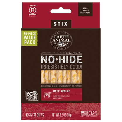 Earth Animal Stix No Hide Beef Recipe dog and cat chews packaging on a white background
