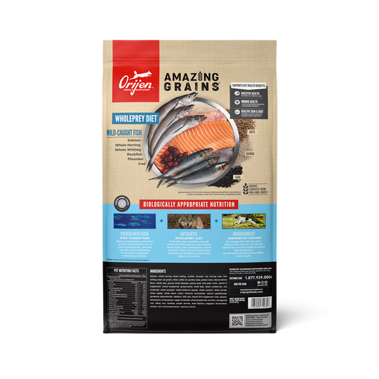 Orijen dog food package with 'Amazing Grains' label on a white background