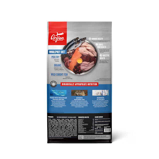 Orijen pet food packaging on a white background