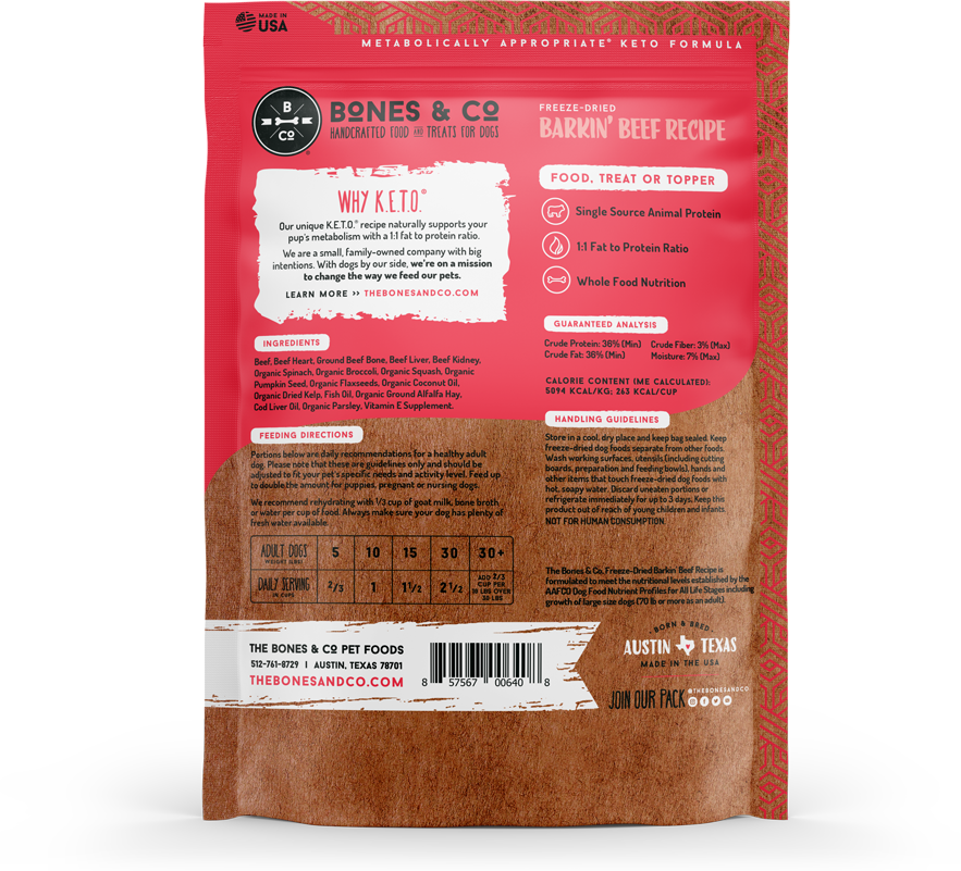Bones & Co pet food package with red and brown design on a white background