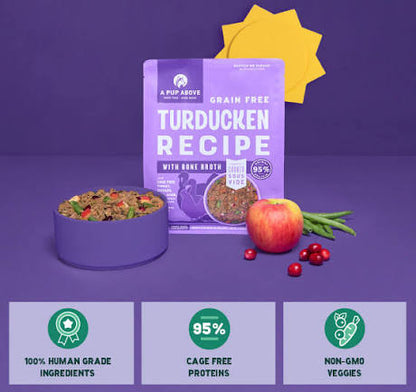 Dog food package with a bowl of food, apple, and green beans on a purple background