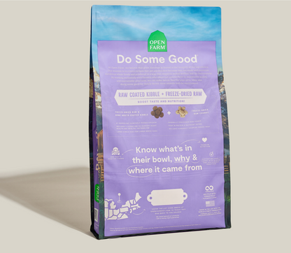 Purple bag of Open Farm pet food with text on a light gray background