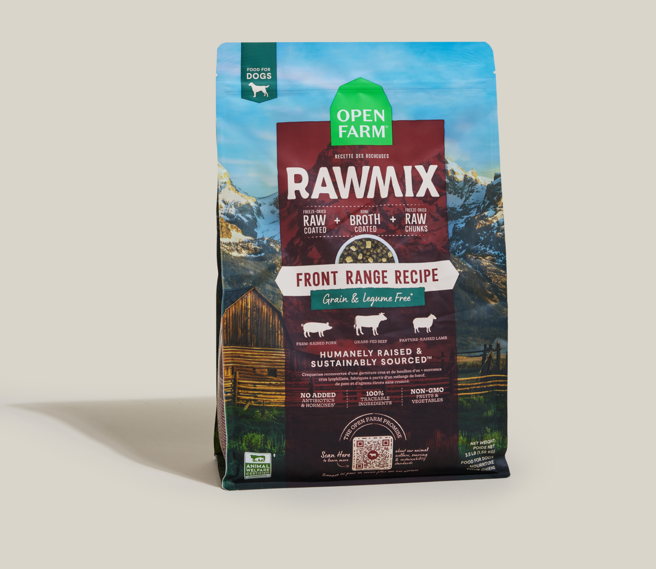Rawmix Front Range Recipe dog food package on a light gray background