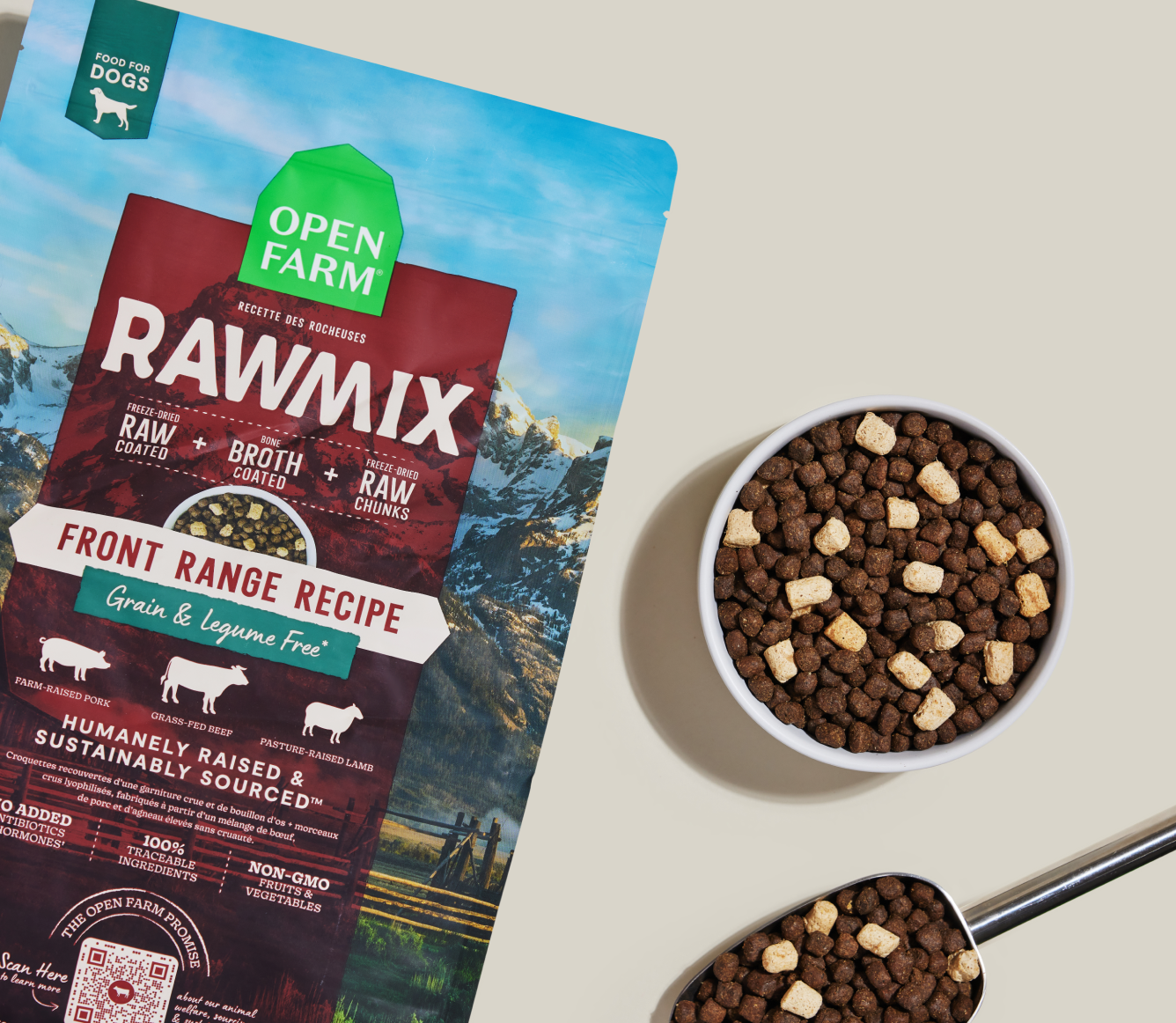 Open Farm Rawmix dog food package with a bowl of dog food on a light background