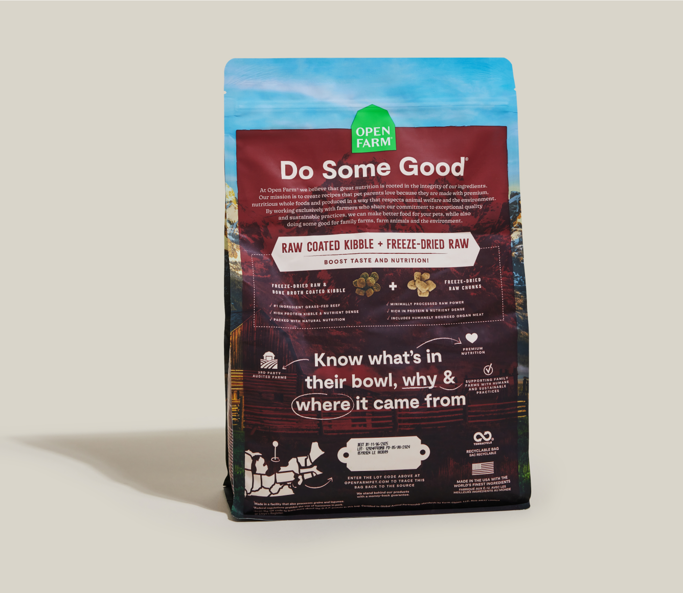 Dog food package with 'Open Farm' branding on a beige background