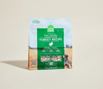 Package of Open Farm Homestead Turkey Recipe dog food on a beige background