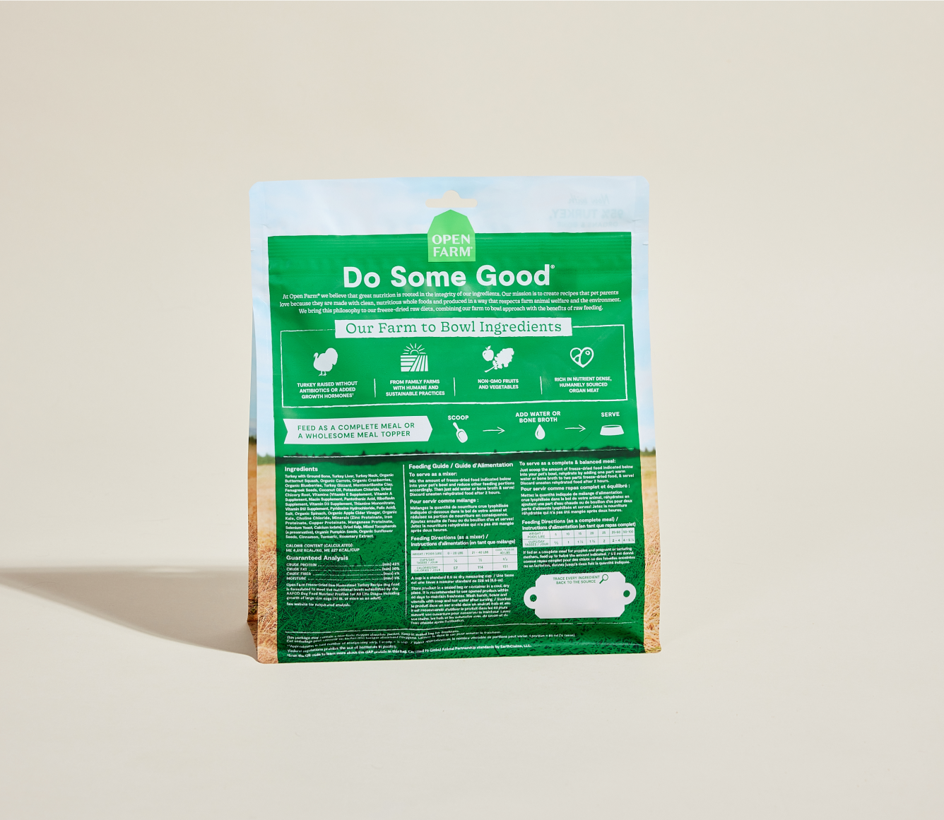 Green pet food bag with text on a beige background