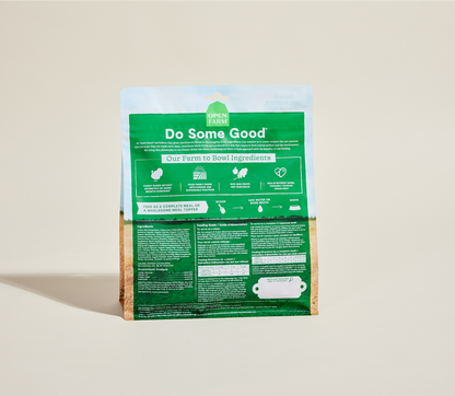 Green pet food bag with text on a beige background