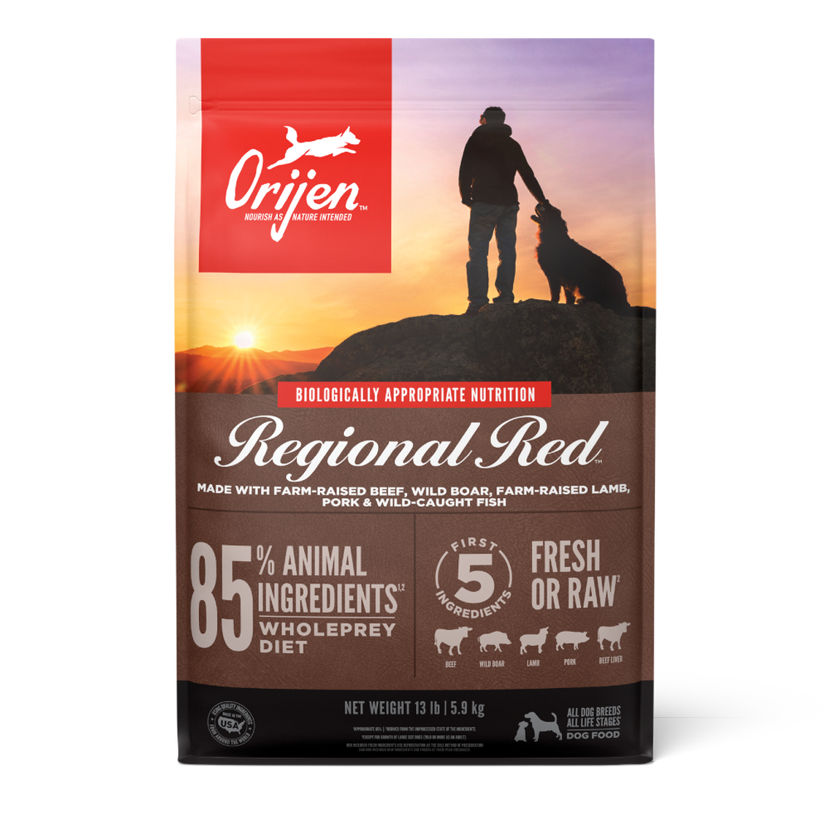 Orijen Regional Red dog food package with a silhouette of a person and dog on a mountain at sunset.