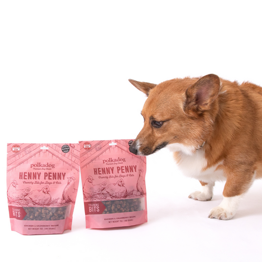 Corgi sniffing Henny Penny dog treats bag