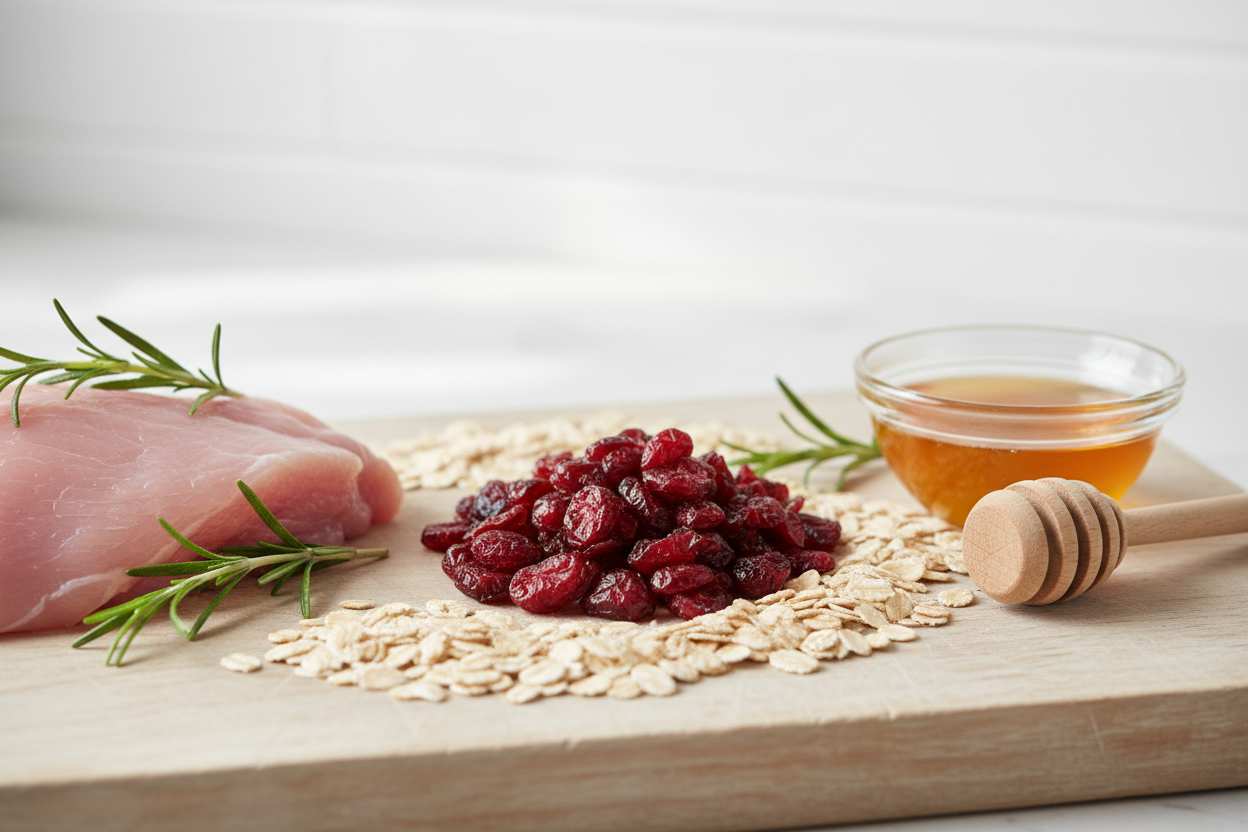 Wooden cutting board with oats, dried cranberries, rosemary, and a bowl of honey.