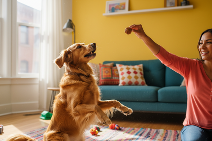 Woman playing with a dog in a living room
