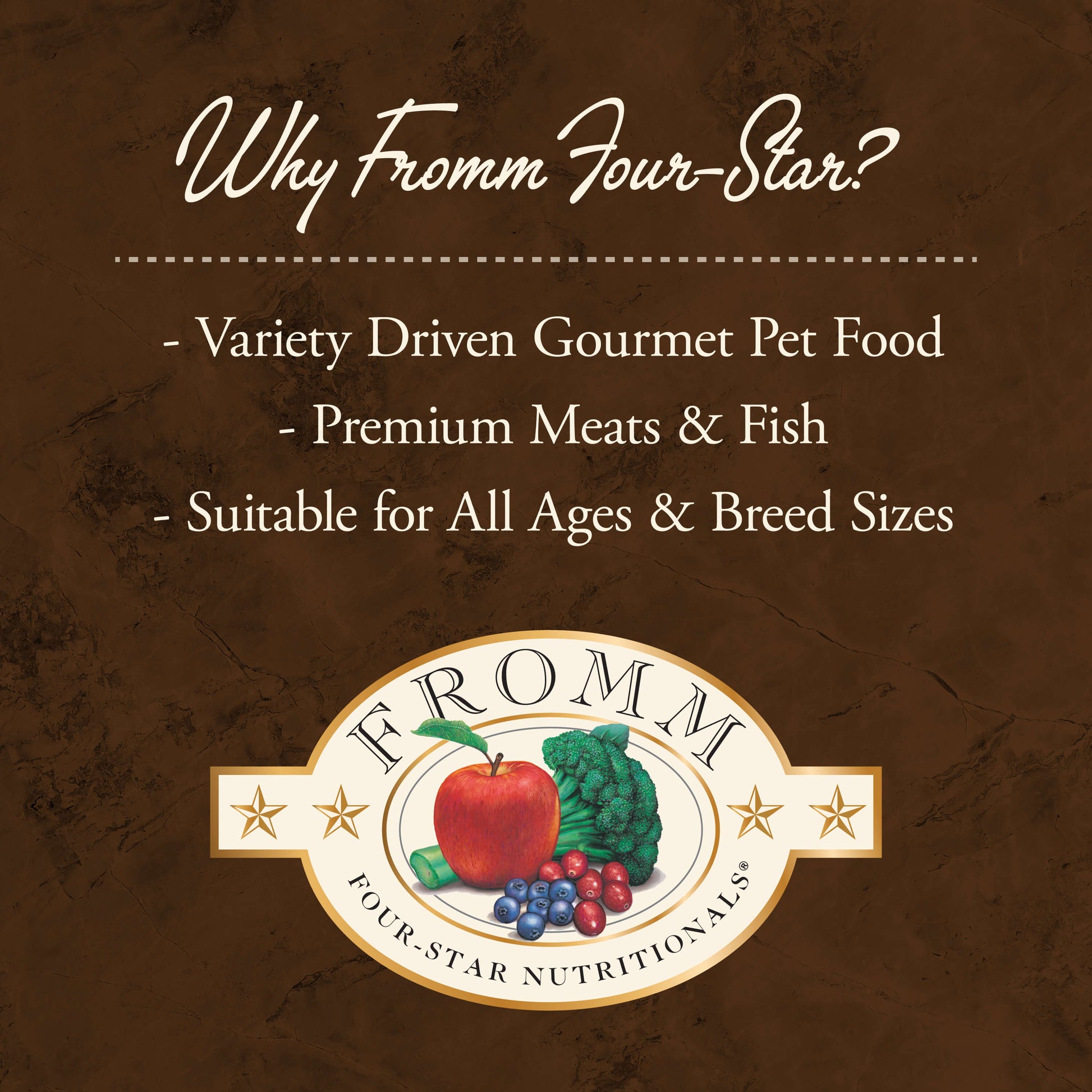 Advertisement for Fromm Four-Star pet food on a brown background with product features listed.