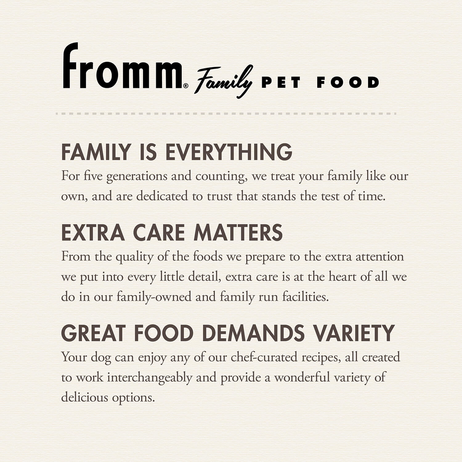 Fromm Family Pet Food advertisement with text about their commitment to pet care.