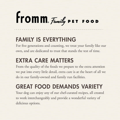 Fromm Family Pet Food advertisement with text about their commitment to pet care.