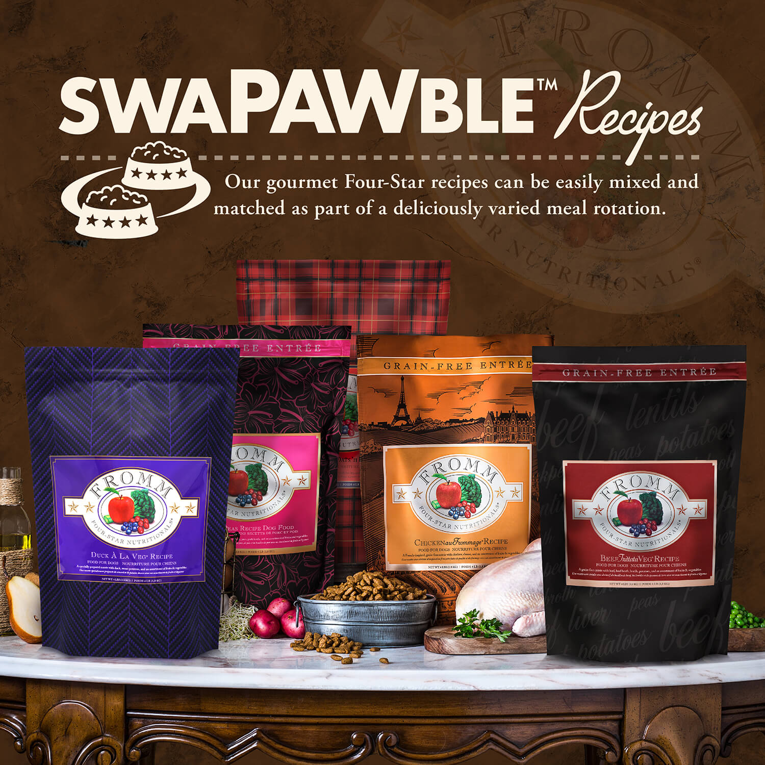Assorted dog food packages with 'Swapawble' branding on a wooden surface.