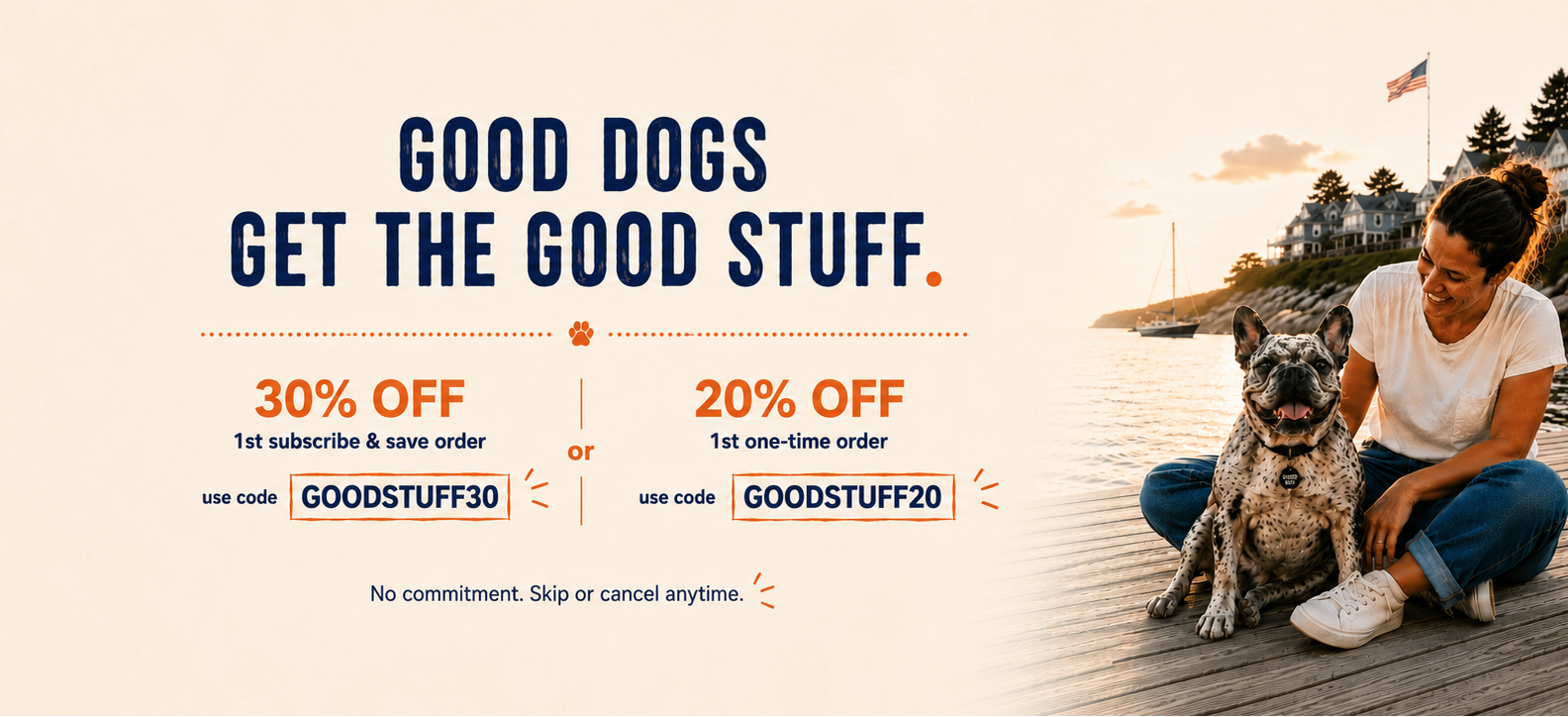 Promotional banner with a woman and dog on a dock, featuring text about discounts and a subscription offer.
